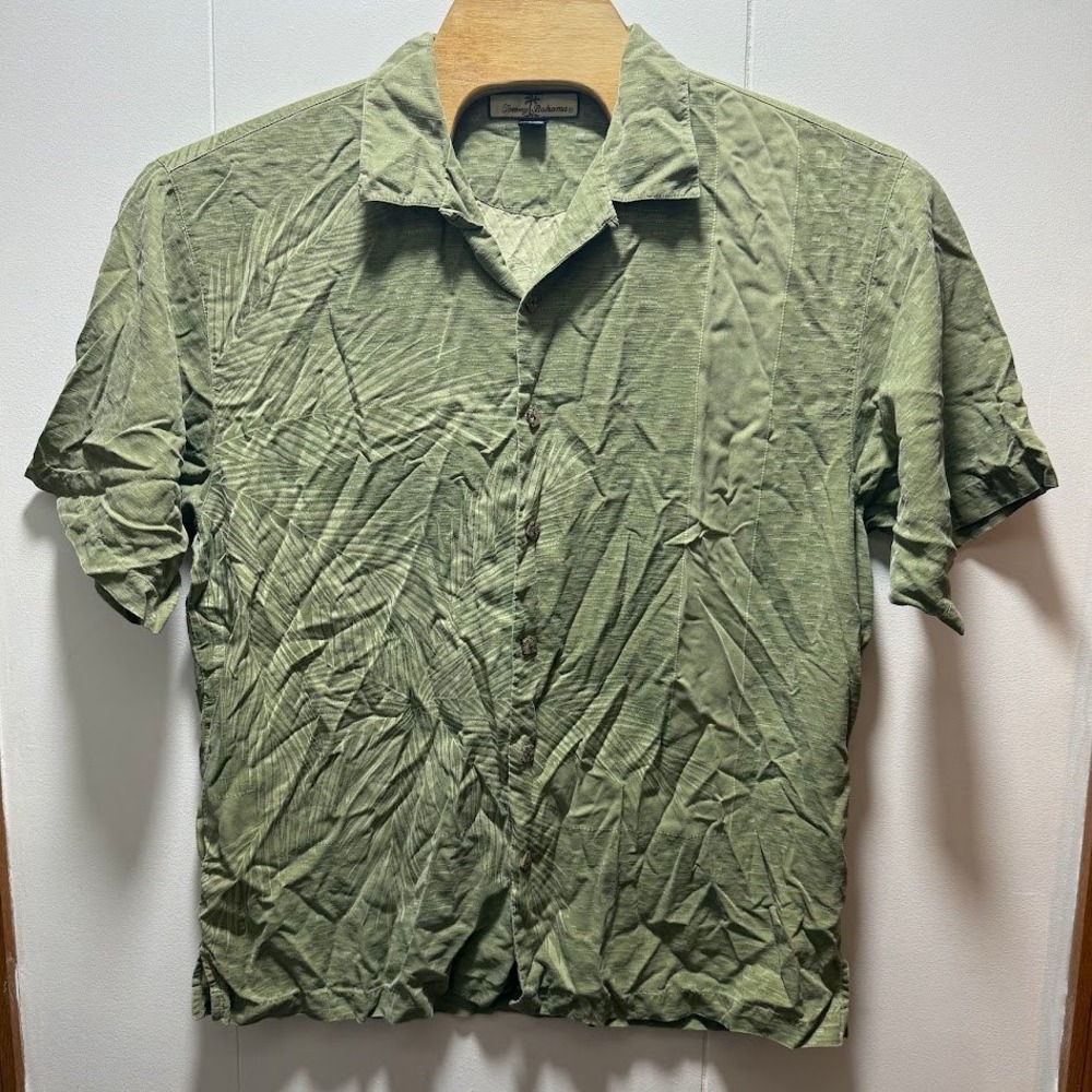Tommy Bahama Mens Large 100% Silk Green Tropical Palm Leaf Jacquard Camp Shirt